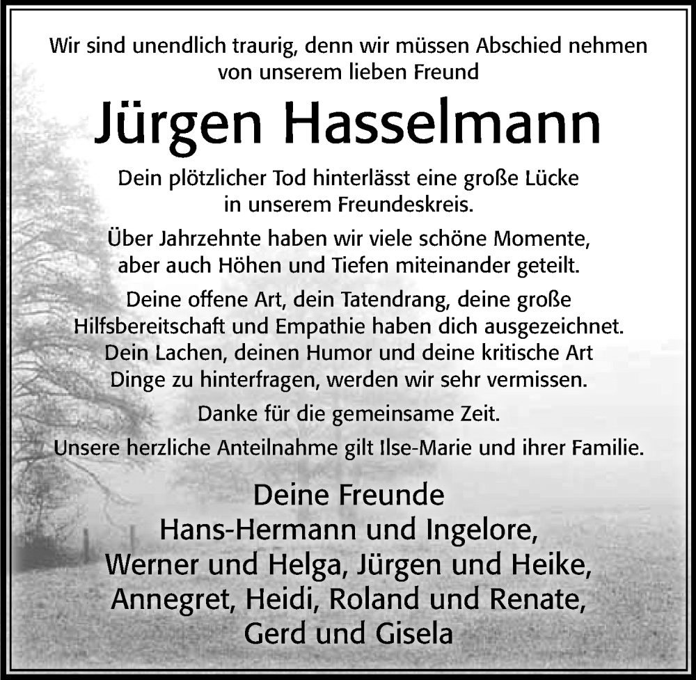  Traueranzeige für Jürgen Hasselmann vom 07.02.2026 aus Cellesche Zeitung