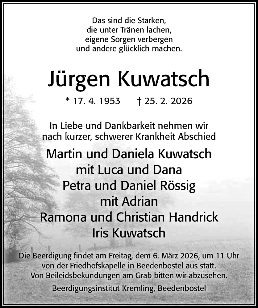  Traueranzeige für Jürgen Kuwatsch vom 28.02.2026 aus Cellesche Zeitung