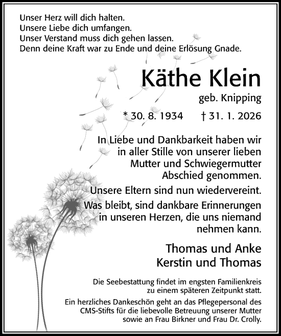 Traueranzeige von Käthe Klein von Cellesche Zeitung