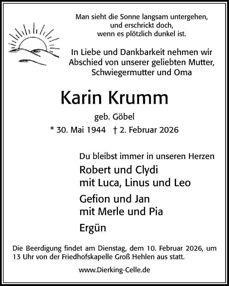  Traueranzeige für Karin Krumm vom 07.02.2026 aus Cellesche Zeitung