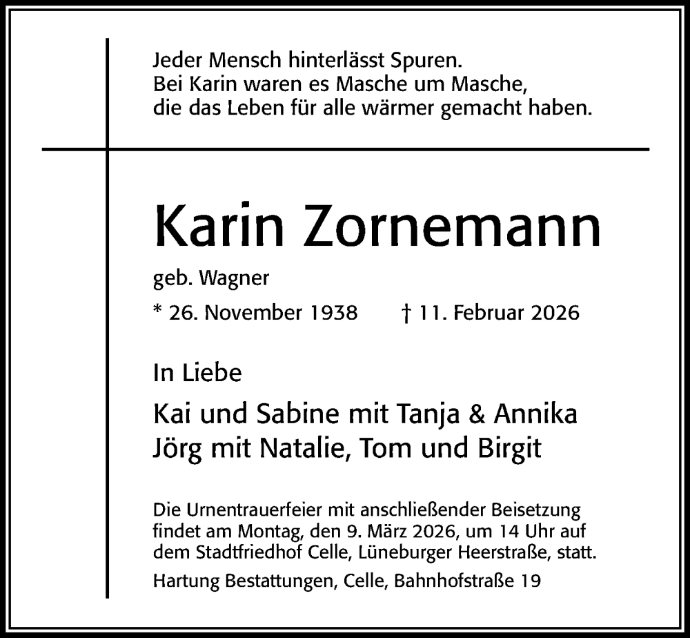  Traueranzeige für Karin Zornemann vom 28.02.2026 aus Cellesche Zeitung