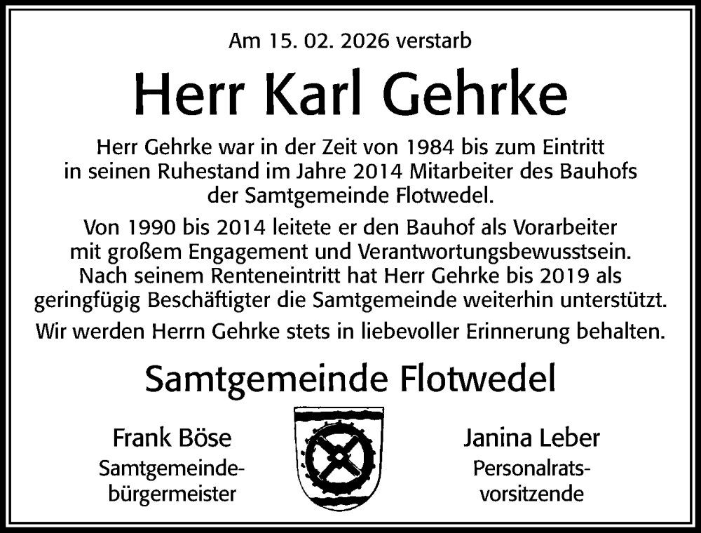  Traueranzeige für Karl Gehrke vom 21.02.2026 aus Cellesche Zeitung