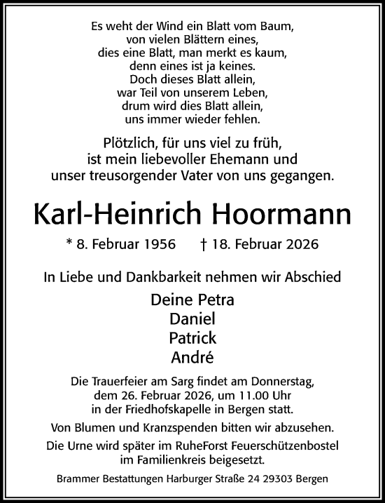 Traueranzeige von Karl-Heinrich Hoormann von Cellesche Zeitung