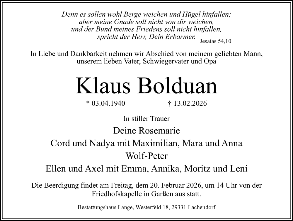  Traueranzeige für Klaus Bolduan vom 17.02.2026 aus Cellesche Zeitung