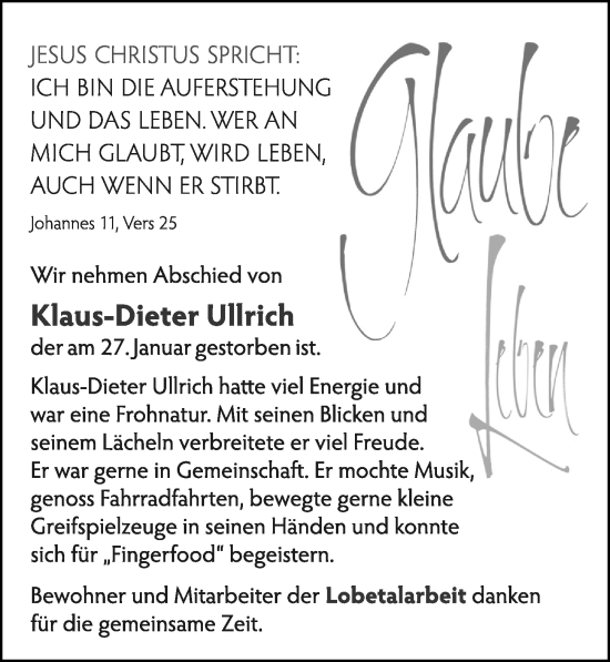 Traueranzeige von Klaus-Dieter Ullrich von Cellesche Zeitung