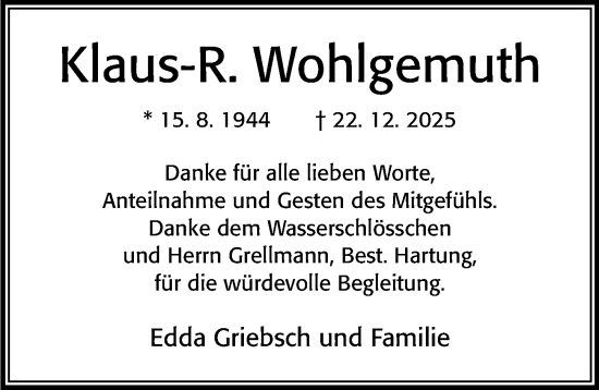 Traueranzeige von Klaus-R. Wohlgemuth von Cellesche Zeitung