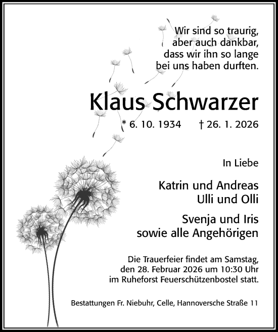 Traueranzeige von Klaus Schwarzer von Cellesche Zeitung