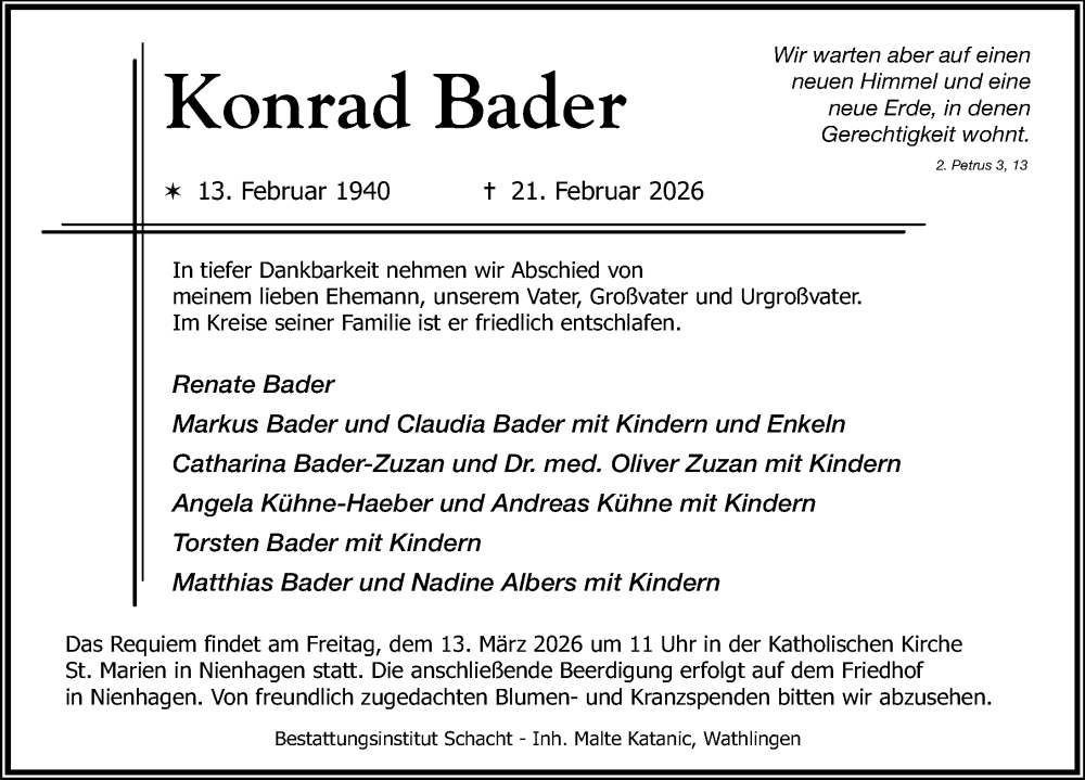  Traueranzeige für Konrad Bader vom 28.02.2026 aus Cellesche Zeitung