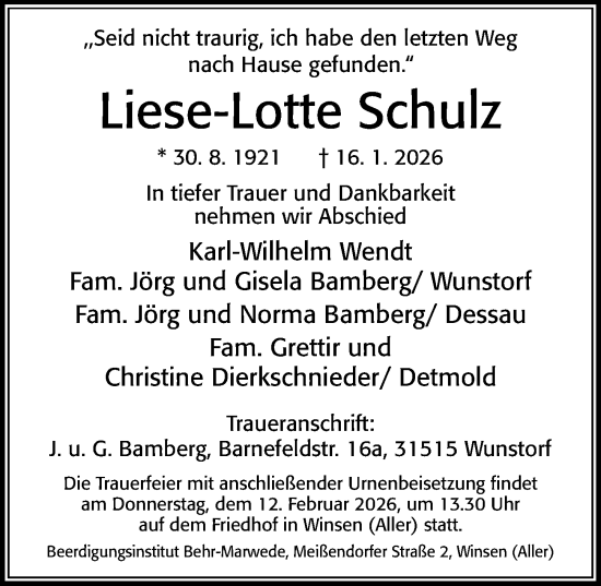 Traueranzeige von Liese-Lotte Schulz von Cellesche Zeitung