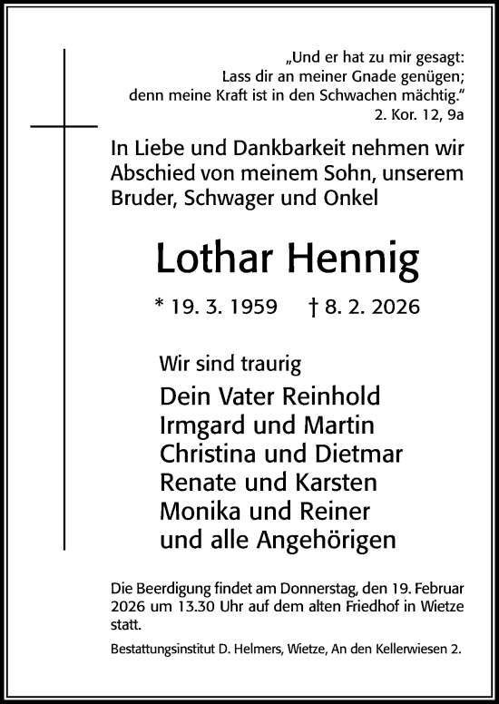 Traueranzeige von Lothar Hennig von Cellesche Zeitung