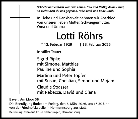 Traueranzeige von Lotti Röhrs von Cellesche Zeitung