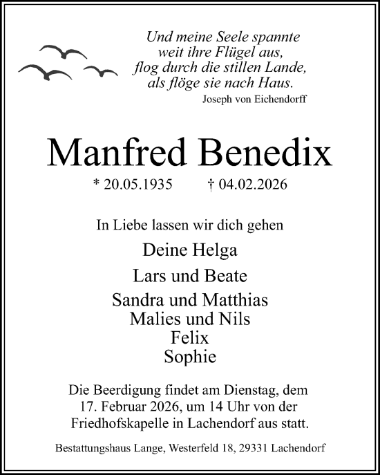 Traueranzeige von Manfred Benedix von Cellesche Zeitung