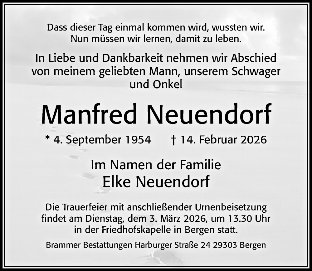  Traueranzeige für Manfred Neuendorf vom 25.02.2026 aus Cellesche Zeitung