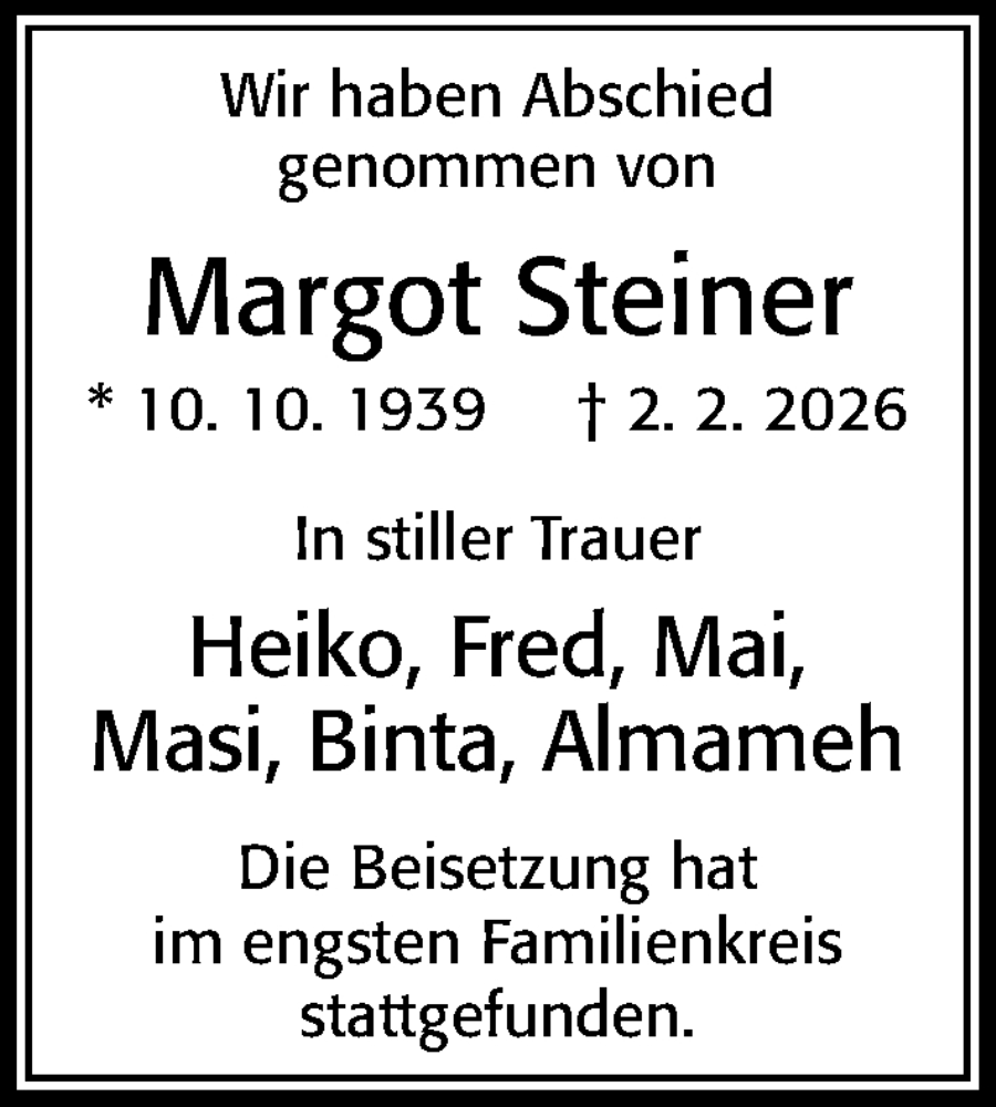  Traueranzeige für Margot Steiner vom 19.02.2026 aus Cellesche Zeitung
