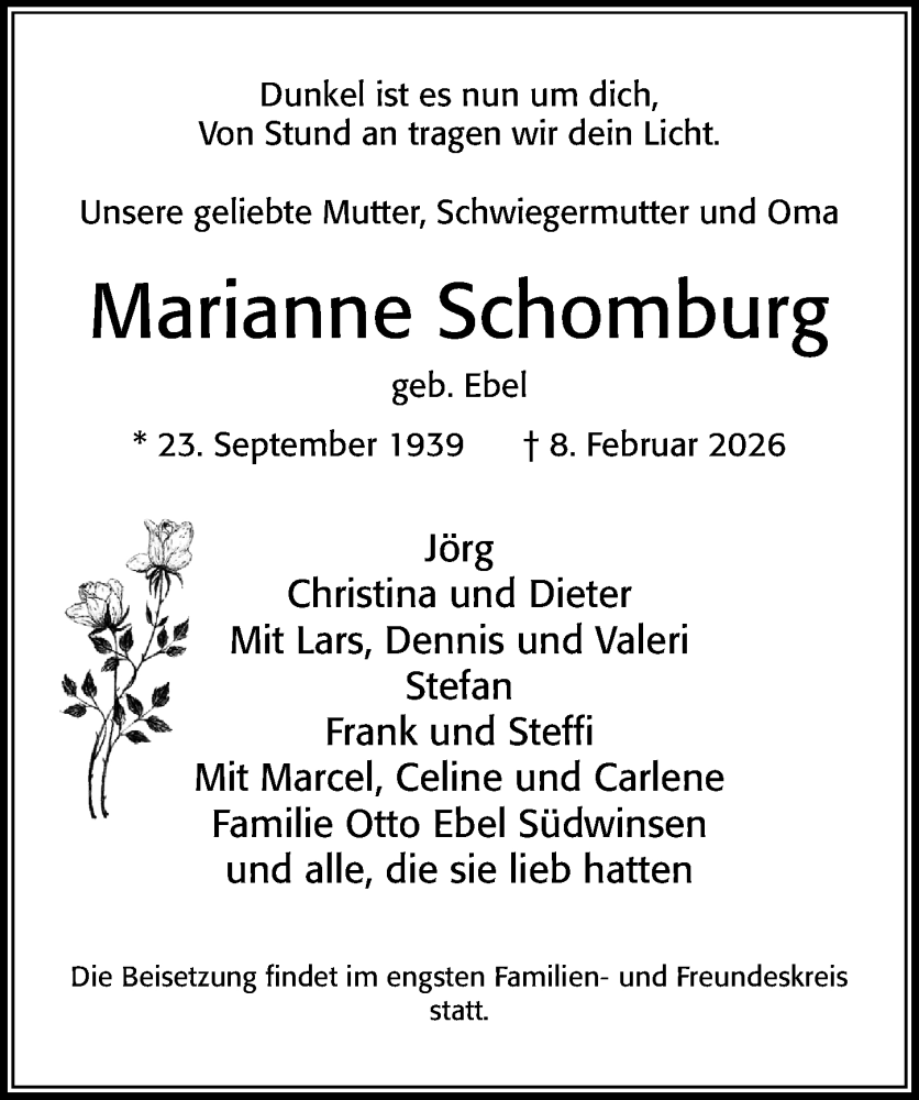  Traueranzeige für Marianne Schomburg vom 14.02.2026 aus Cellesche Zeitung
