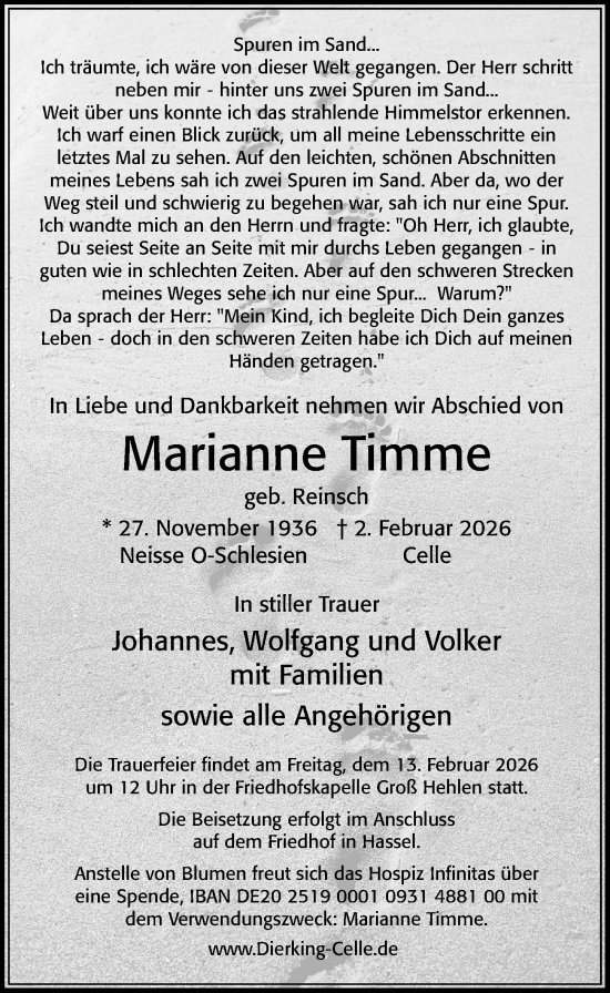 Traueranzeige von Marianne Timme von Cellesche Zeitung