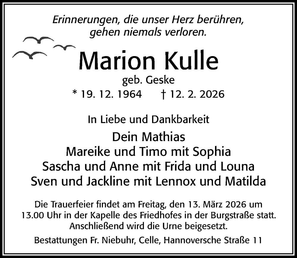  Traueranzeige für Marion Kulle vom 14.02.2026 aus Cellesche Zeitung