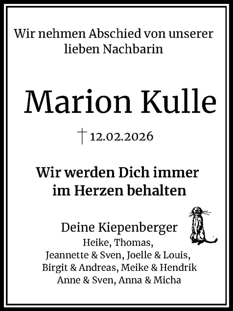  Traueranzeige für Marion Kulle vom 14.02.2026 aus Cellesche Zeitung