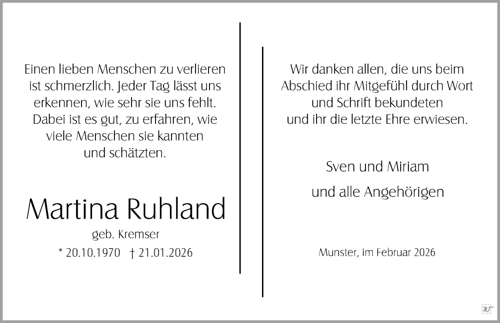  Traueranzeige für Martina Ruhland vom 21.02.2026 aus Cellesche Zeitung