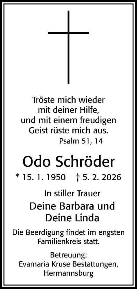 Traueranzeige von Odo Schröder von Cellesche Zeitung