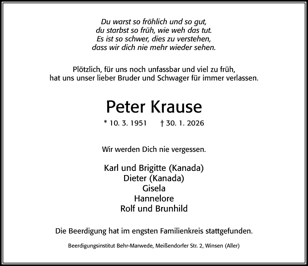  Traueranzeige für Peter Krause vom 21.02.2026 aus Cellesche Zeitung