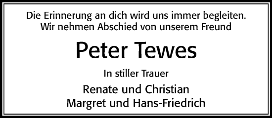 Traueranzeige von Peter Tewes von Cellesche Zeitung