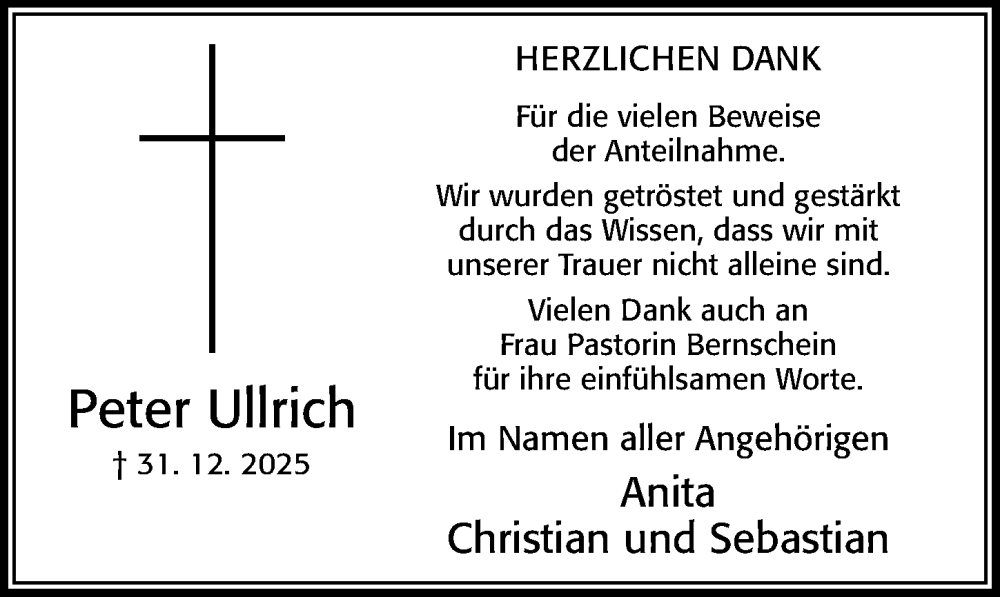  Traueranzeige für Peter Ullrich vom 14.02.2026 aus Cellesche Zeitung