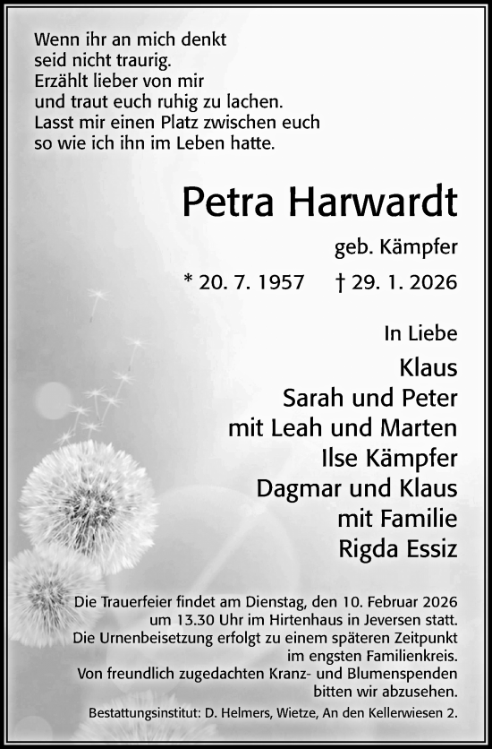 Traueranzeige von Petra Harwardt von Cellesche Zeitung