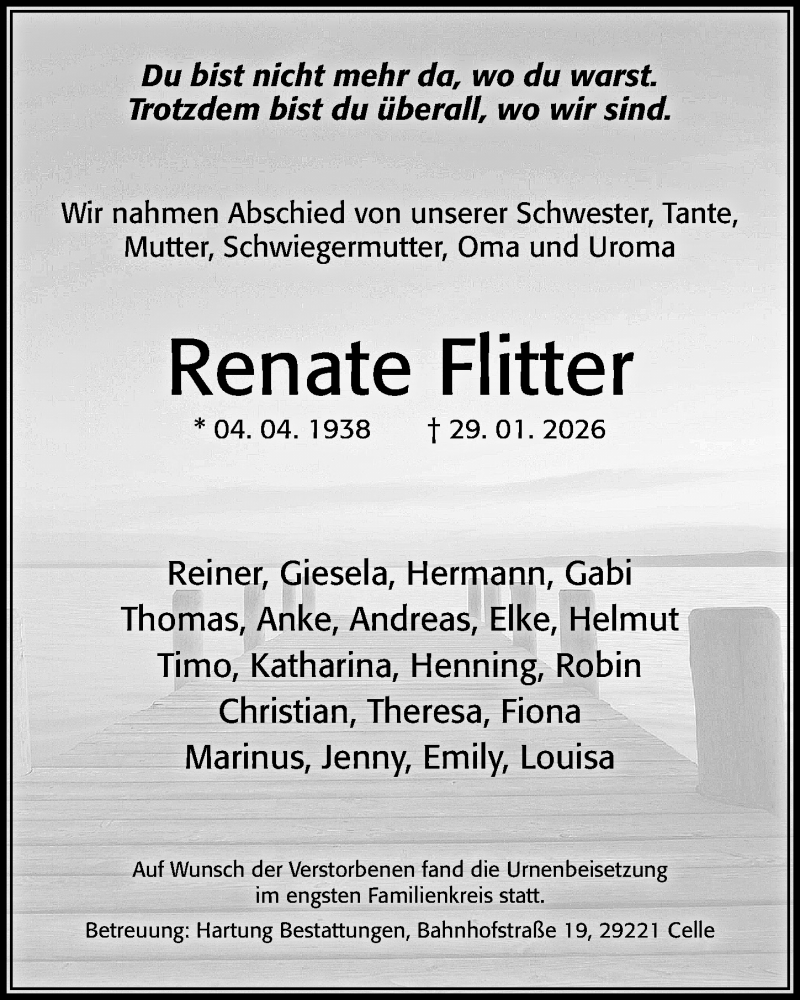  Traueranzeige für Renate Flitter vom 28.02.2026 aus Cellesche Zeitung