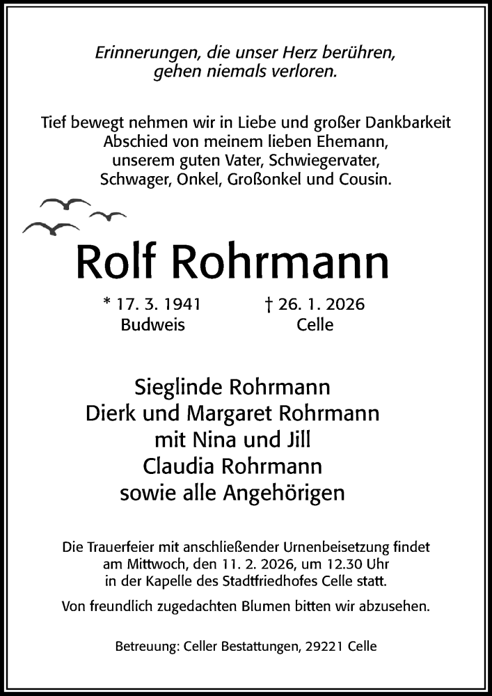  Traueranzeige für Rolf Rohrmann vom 07.02.2026 aus Cellesche Zeitung