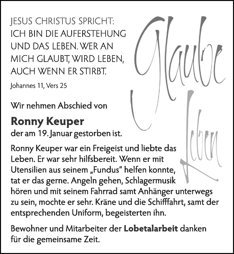  Traueranzeige für Ronny Keuper vom 21.02.2026 aus Cellesche Zeitung