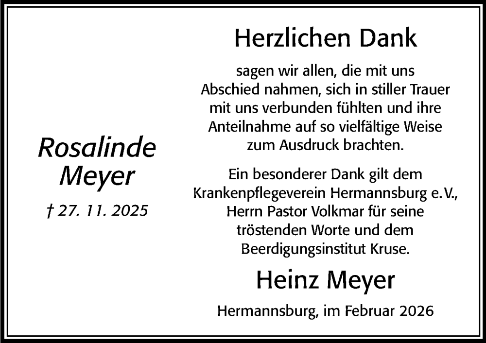 Traueranzeige für Rosalinde Meyer vom 13.02.2026 aus Cellesche Zeitung