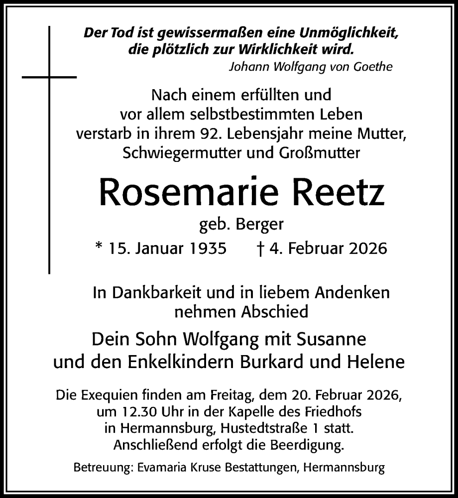  Traueranzeige für Rosemarie Reetz vom 14.02.2026 aus Cellesche Zeitung