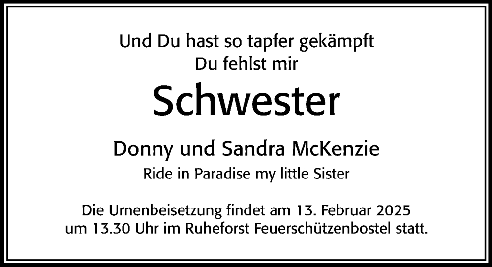  Traueranzeige für Schwester  vom 07.02.2026 aus Cellesche Zeitung