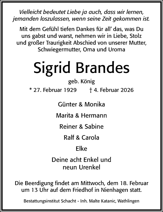 Traueranzeige von Sigrid Brandes von Cellesche Zeitung