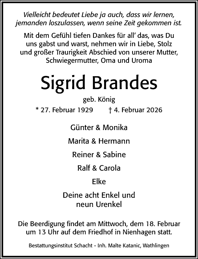  Traueranzeige für Sigrid Brandes vom 17.02.2026 aus Cellesche Zeitung