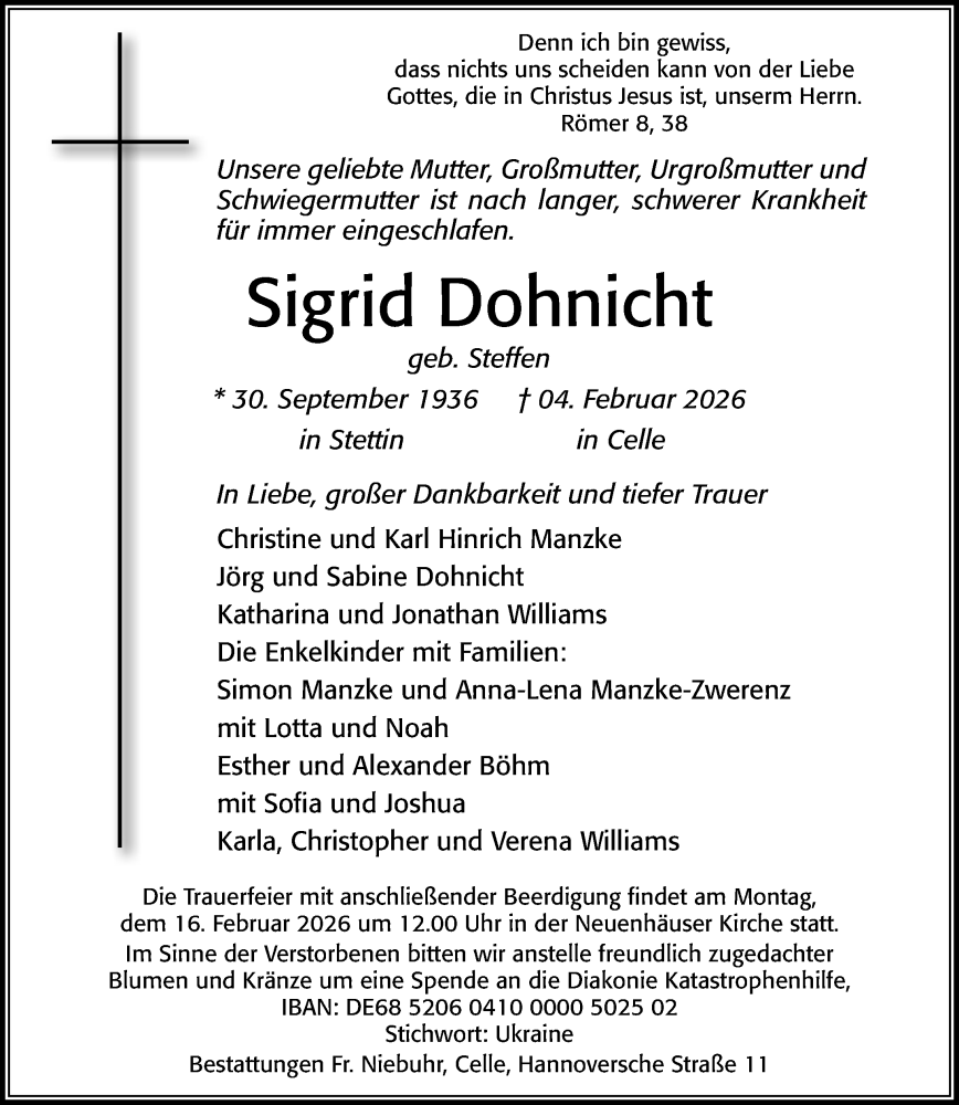  Traueranzeige für Sigrid Dohnicht vom 07.02.2026 aus Cellesche Zeitung