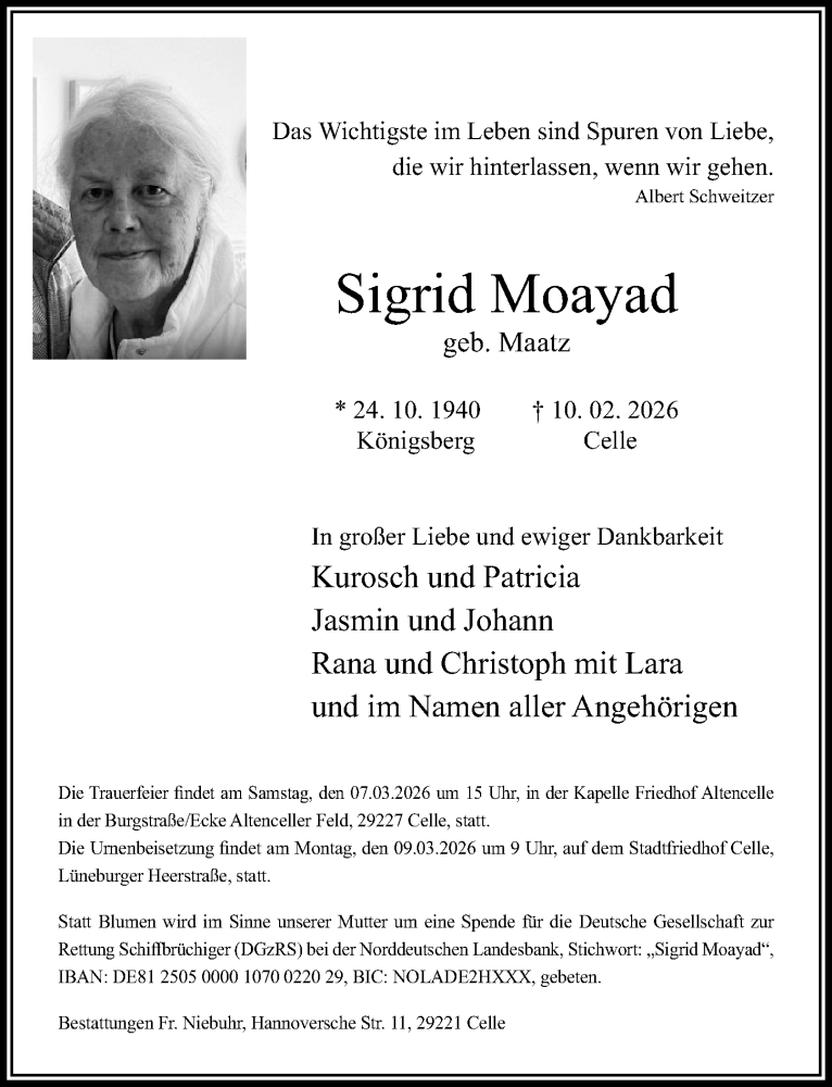  Traueranzeige für Sigrid Moayad vom 21.02.2026 aus Cellesche Zeitung