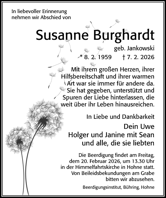 Traueranzeige von Susanne Burghardt von Cellesche Zeitung