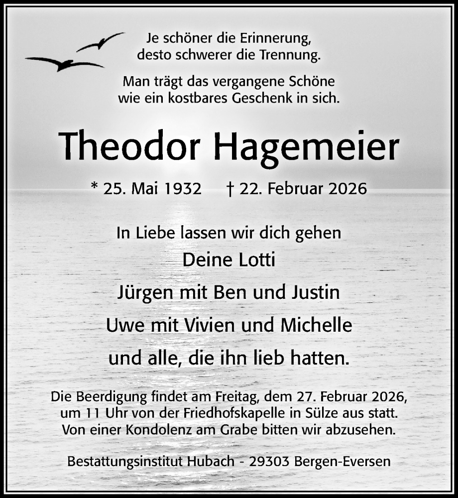  Traueranzeige für Theodor Hagemeier vom 24.02.2026 aus Cellesche Zeitung
