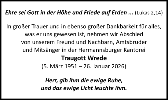 Traueranzeige von Traugott Wrede von Cellesche Zeitung