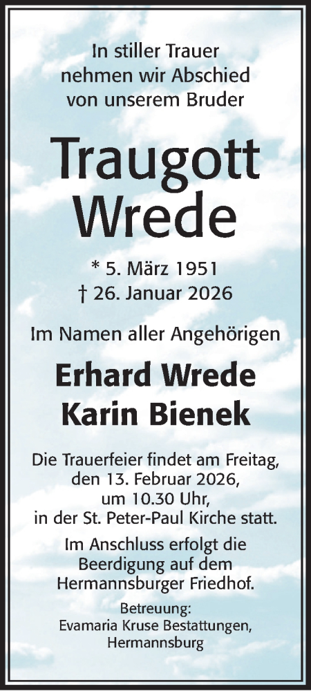  Traueranzeige für Traugott Wrede vom 07.02.2026 aus Cellesche Zeitung