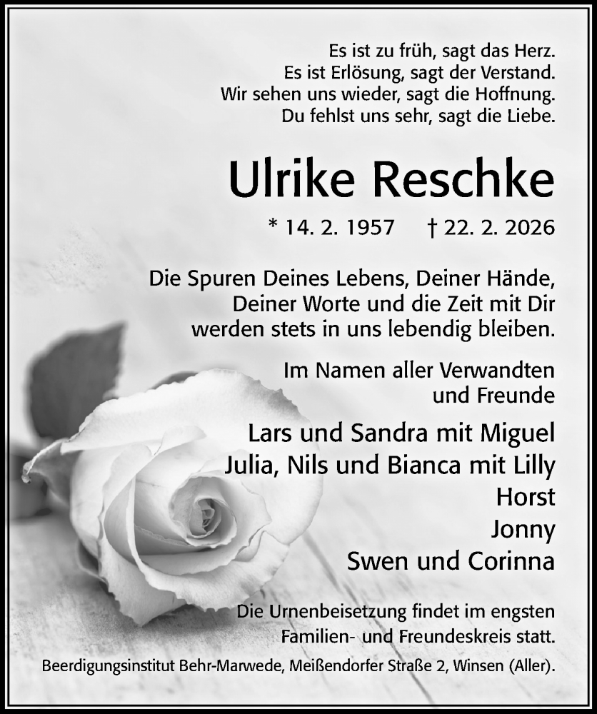  Traueranzeige für Ulrike Reschke vom 28.02.2026 aus Cellesche Zeitung