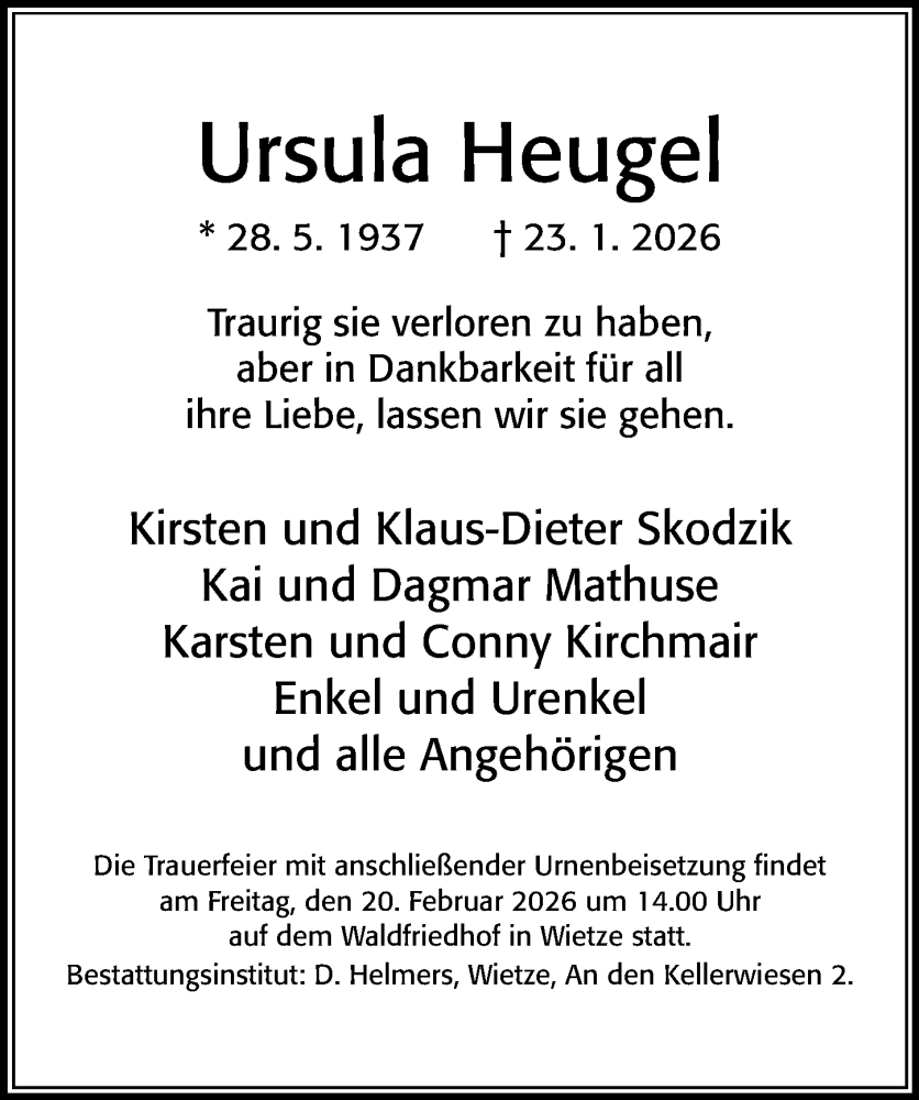  Traueranzeige für Ursula Heugel vom 07.02.2026 aus Cellesche Zeitung