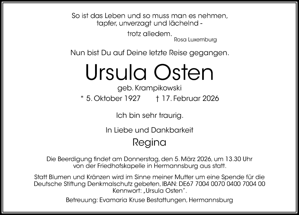  Traueranzeige für Ursula Osten vom 28.02.2026 aus Cellesche Zeitung