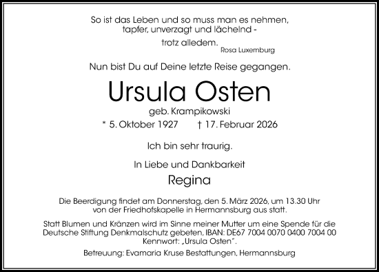 Traueranzeige von Ursula Osten von Cellesche Zeitung