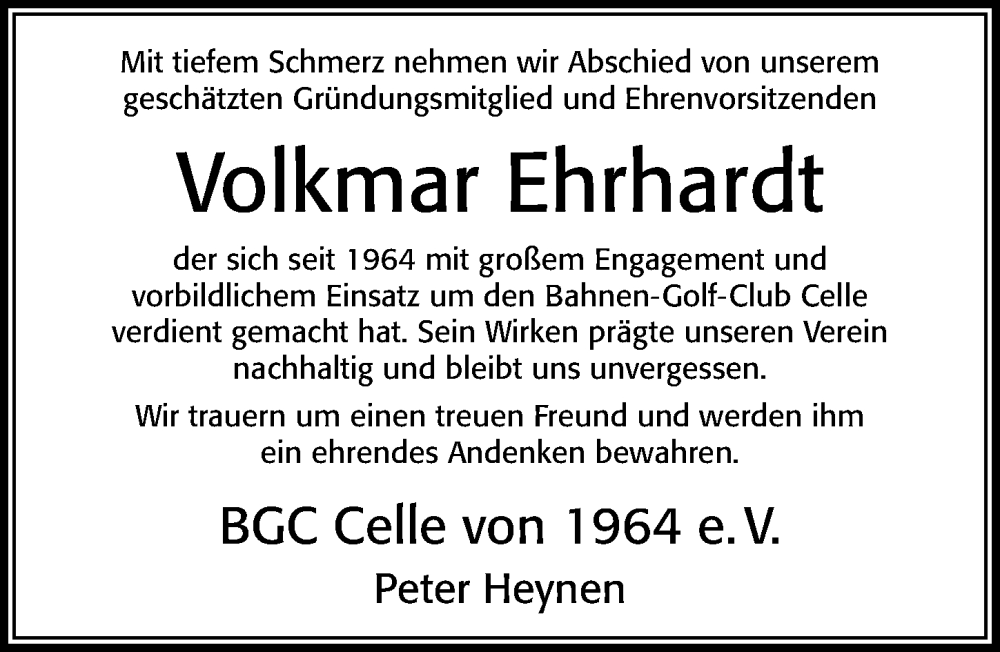  Traueranzeige für Volkmar Ehrhardt vom 28.02.2026 aus Cellesche Zeitung
