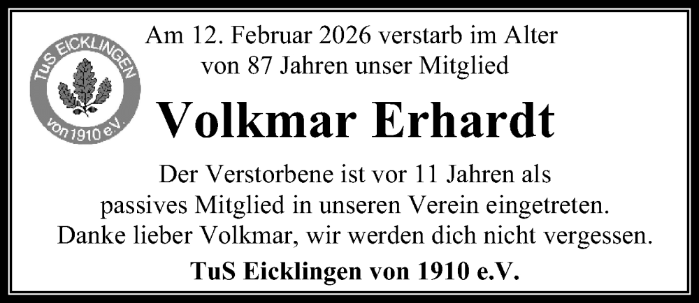  Traueranzeige für Volkmar Erhardt vom 28.02.2026 aus Cellesche Zeitung