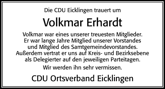 Traueranzeige von Volkmar Erhardt von Cellesche Zeitung