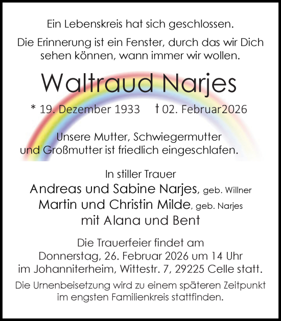 Traueranzeige von Waltraud Narjes von Cellesche Zeitung